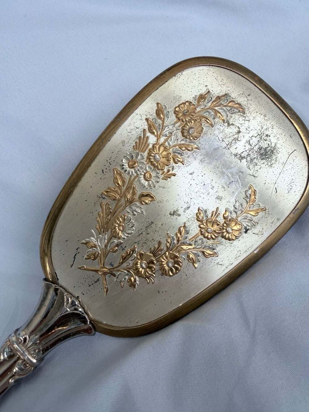 Vintage Gold And Silver Tone Metal Vanity Hair Brush And Mirror